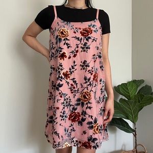 Velvet floral print pink slip dress